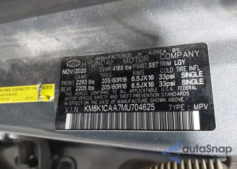 2021 Hyundai Kona Se z USA, uszkodzony, nr VIN KM8K1CAA7MU704625